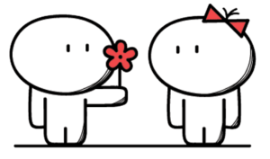 Cartoon of a guy giving his fiancé a flower